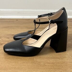 Marc Fisher Retro T-Strap Block Heel Pump Womens 7M Black Square Toe Cyrene